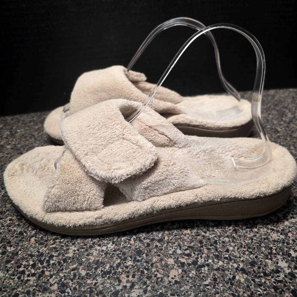 Vionic Relax Slippers Women 8 Cream Terry Cloth Orthotic Adjustable Slides